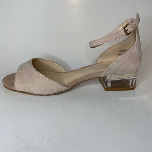 Nude beige block sandals.